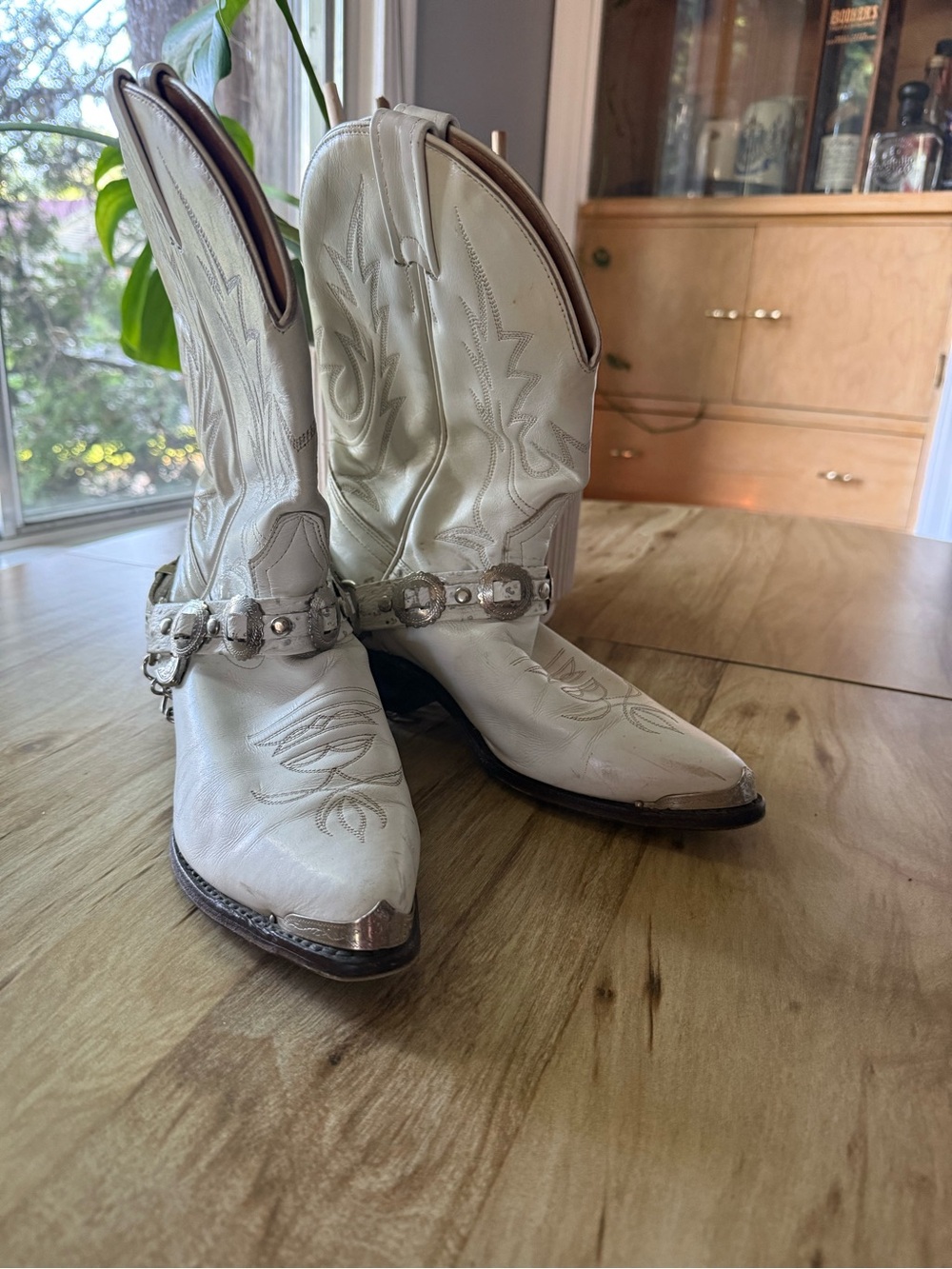 White Leather Cowboy Boots with Decorative Harness - Picture 2 of 6
